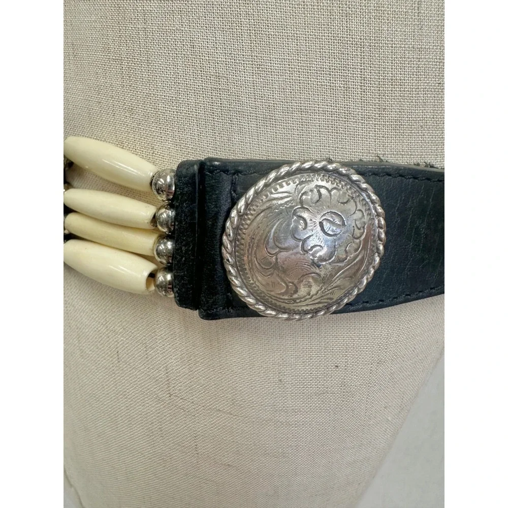 Tony Lama Black Leather Hairpipe Bone Concho Western Belt 32 Cowgirl Boho Rodeo